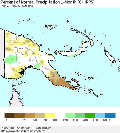 Papua New Guinea Percent of Normal Precipitation 1-Month (CHIRPS) Thematic Map For 4/21/2020 - 5/20/2020