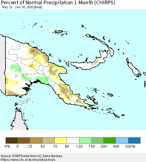 Papua New Guinea Percent of Normal Precipitation 1-Month (CHIRPS) Thematic Map For 5/11/2020 - 6/10/2020