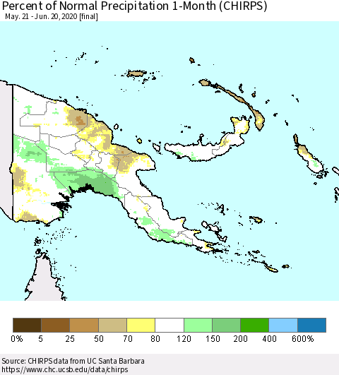 Papua New Guinea Percent of Normal Precipitation 1-Month (CHIRPS) Thematic Map For 5/21/2020 - 6/20/2020