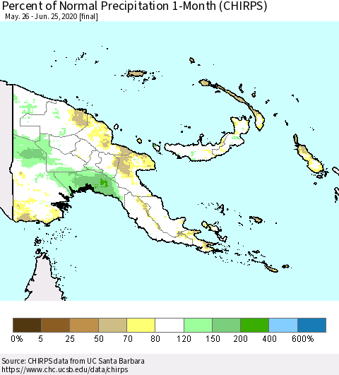 Papua New Guinea Percent of Normal Precipitation 1-Month (CHIRPS) Thematic Map For 5/26/2020 - 6/25/2020