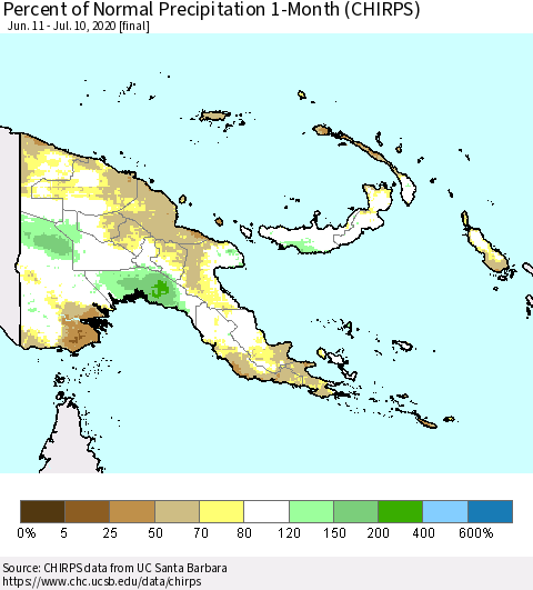 Papua New Guinea Percent of Normal Precipitation 1-Month (CHIRPS) Thematic Map For 6/11/2020 - 7/10/2020