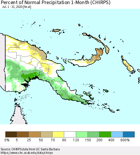 Papua New Guinea Percent of Normal Precipitation 1-Month (CHIRPS) Thematic Map For 7/1/2020 - 7/31/2020