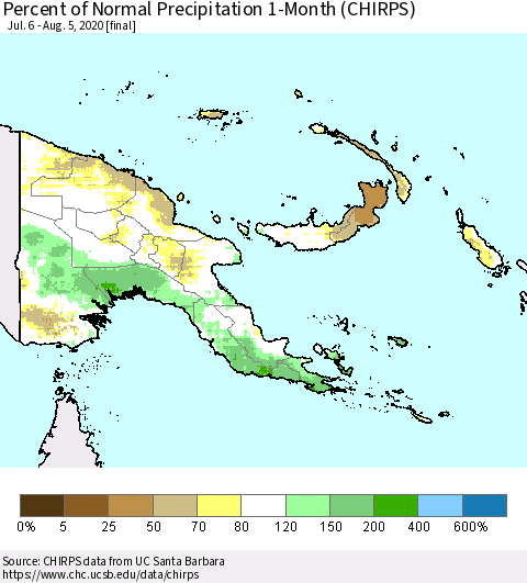 Papua New Guinea Percent of Normal Precipitation 1-Month (CHIRPS) Thematic Map For 7/6/2020 - 8/5/2020