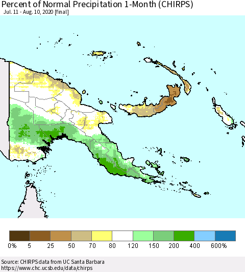 Papua New Guinea Percent of Normal Precipitation 1-Month (CHIRPS) Thematic Map For 7/11/2020 - 8/10/2020