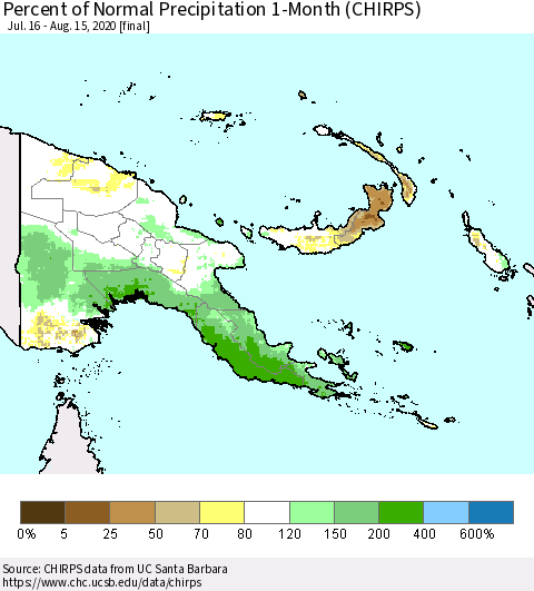 Papua New Guinea Percent of Normal Precipitation 1-Month (CHIRPS) Thematic Map For 7/16/2020 - 8/15/2020
