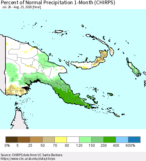 Papua New Guinea Percent of Normal Precipitation 1-Month (CHIRPS) Thematic Map For 7/26/2020 - 8/25/2020