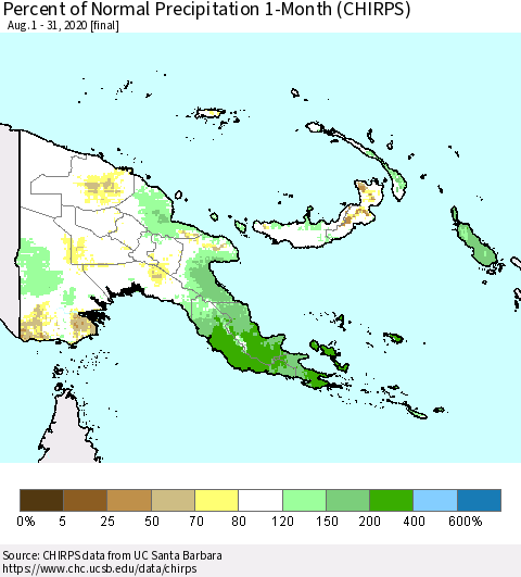 Papua New Guinea Percent of Normal Precipitation 1-Month (CHIRPS) Thematic Map For 8/1/2020 - 8/31/2020