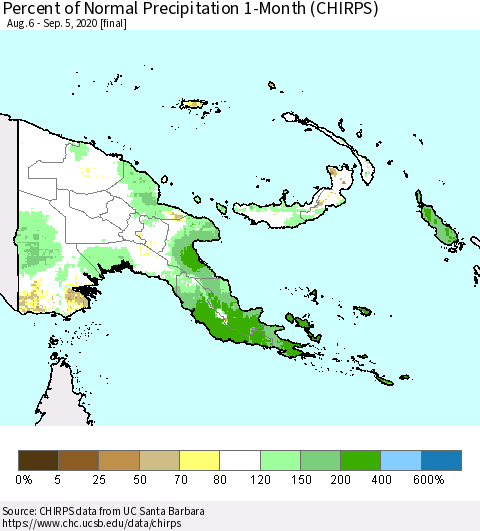 Papua New Guinea Percent of Normal Precipitation 1-Month (CHIRPS) Thematic Map For 8/6/2020 - 9/5/2020