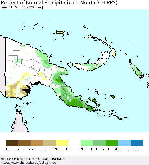 Papua New Guinea Percent of Normal Precipitation 1-Month (CHIRPS) Thematic Map For 8/11/2020 - 9/10/2020