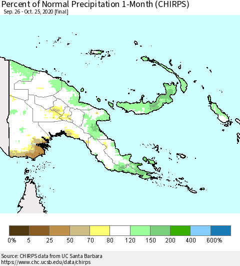 Papua New Guinea Percent of Normal Precipitation 1-Month (CHIRPS) Thematic Map For 9/26/2020 - 10/25/2020