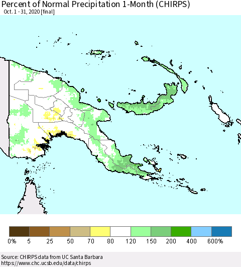 Papua New Guinea Percent of Normal Precipitation 1-Month (CHIRPS) Thematic Map For 10/1/2020 - 10/31/2020