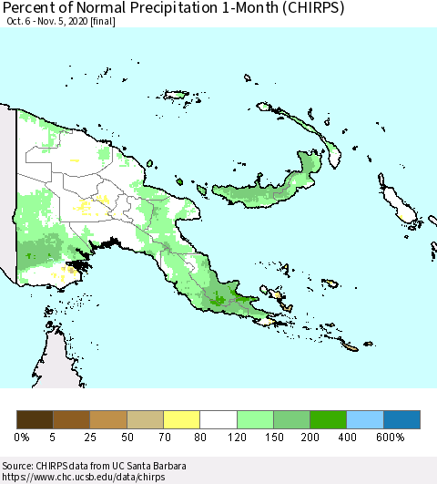 Papua New Guinea Percent of Normal Precipitation 1-Month (CHIRPS) Thematic Map For 10/6/2020 - 11/5/2020