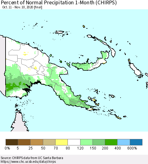 Papua New Guinea Percent of Normal Precipitation 1-Month (CHIRPS) Thematic Map For 10/11/2020 - 11/10/2020