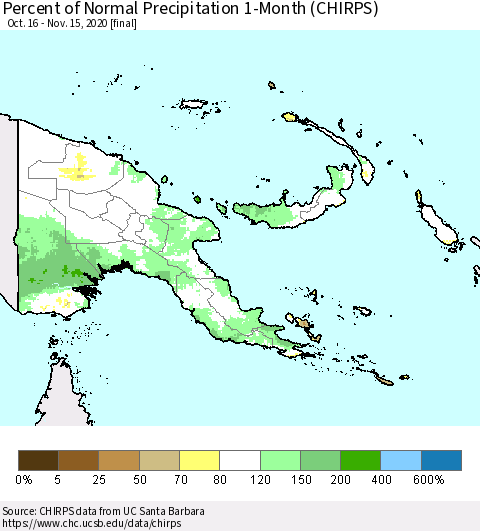 Papua New Guinea Percent of Normal Precipitation 1-Month (CHIRPS) Thematic Map For 10/16/2020 - 11/15/2020