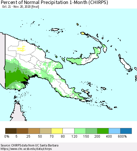 Papua New Guinea Percent of Normal Precipitation 1-Month (CHIRPS) Thematic Map For 10/21/2020 - 11/20/2020
