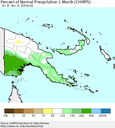 Papua New Guinea Percent of Normal Precipitation 1-Month (CHIRPS) Thematic Map For 10/26/2020 - 11/25/2020