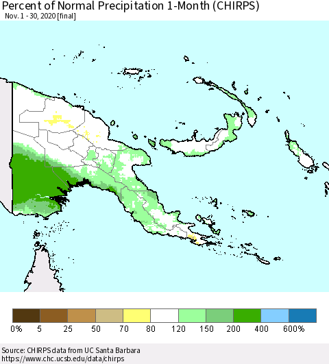 Papua New Guinea Percent of Normal Precipitation 1-Month (CHIRPS) Thematic Map For 11/1/2020 - 11/30/2020