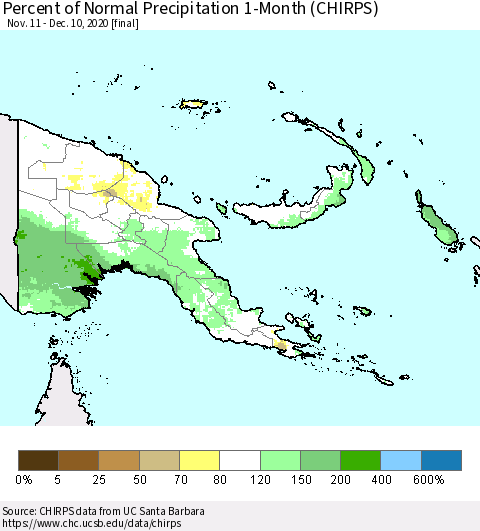 Papua New Guinea Percent of Normal Precipitation 1-Month (CHIRPS) Thematic Map For 11/11/2020 - 12/10/2020
