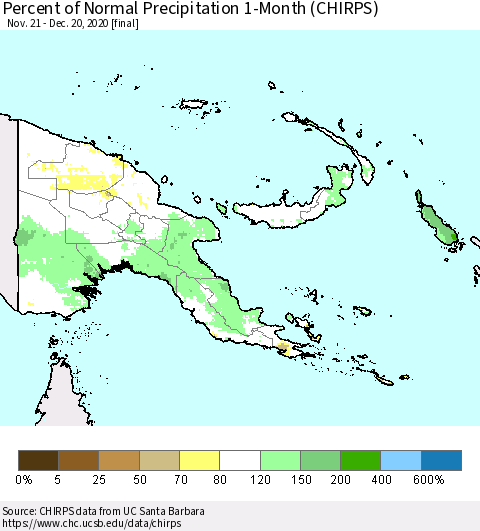 Papua New Guinea Percent of Normal Precipitation 1-Month (CHIRPS) Thematic Map For 11/21/2020 - 12/20/2020