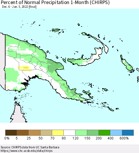 Papua New Guinea Percent of Normal Precipitation 1-Month (CHIRPS) Thematic Map For 12/6/2021 - 1/5/2022