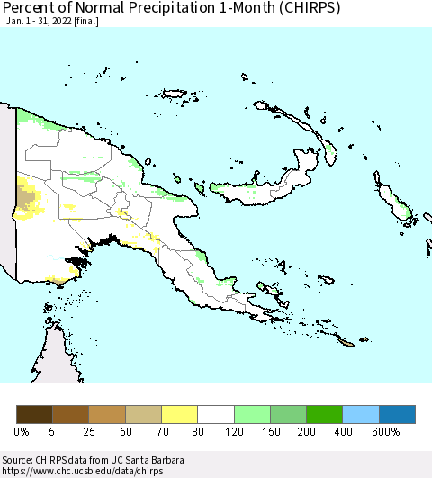 Papua New Guinea Percent of Normal Precipitation 1-Month (CHIRPS) Thematic Map For 1/1/2022 - 1/31/2022