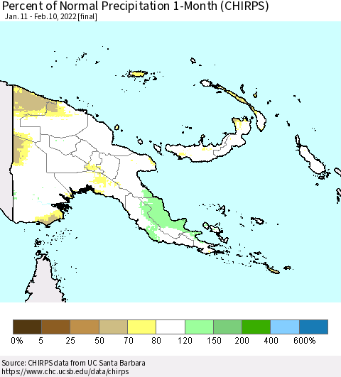 Papua New Guinea Percent of Normal Precipitation 1-Month (CHIRPS) Thematic Map For 1/11/2022 - 2/10/2022