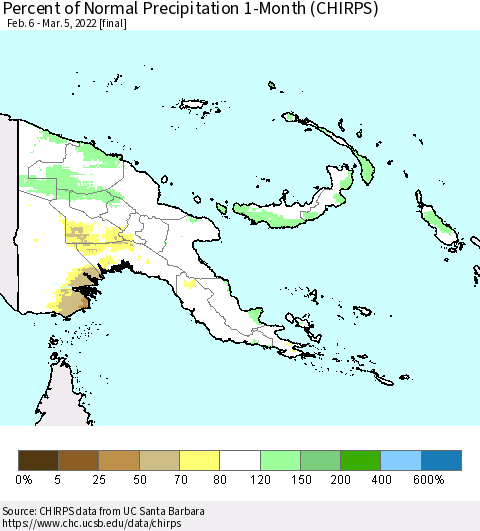 Papua New Guinea Percent of Normal Precipitation 1-Month (CHIRPS) Thematic Map For 2/6/2022 - 3/5/2022