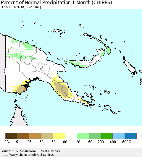 Papua New Guinea Percent of Normal Precipitation 1-Month (CHIRPS) Thematic Map For 2/11/2022 - 3/10/2022
