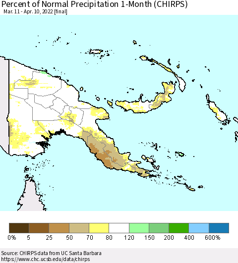 Papua New Guinea Percent of Normal Precipitation 1-Month (CHIRPS) Thematic Map For 3/11/2022 - 4/10/2022