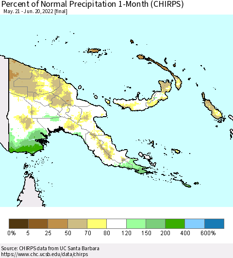 Papua New Guinea Percent of Normal Precipitation 1-Month (CHIRPS) Thematic Map For 5/21/2022 - 6/20/2022
