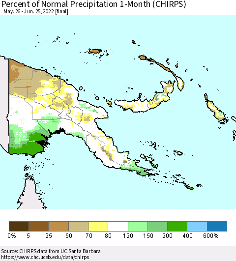 Papua New Guinea Percent of Normal Precipitation 1-Month (CHIRPS) Thematic Map For 5/26/2022 - 6/25/2022