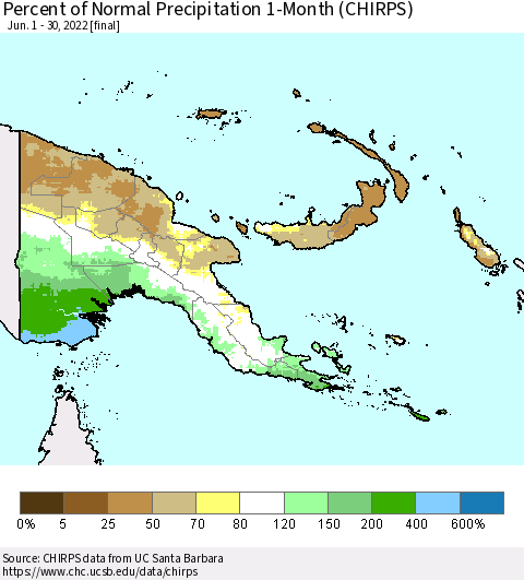 Papua New Guinea Percent of Normal Precipitation 1-Month (CHIRPS) Thematic Map For 6/1/2022 - 6/30/2022