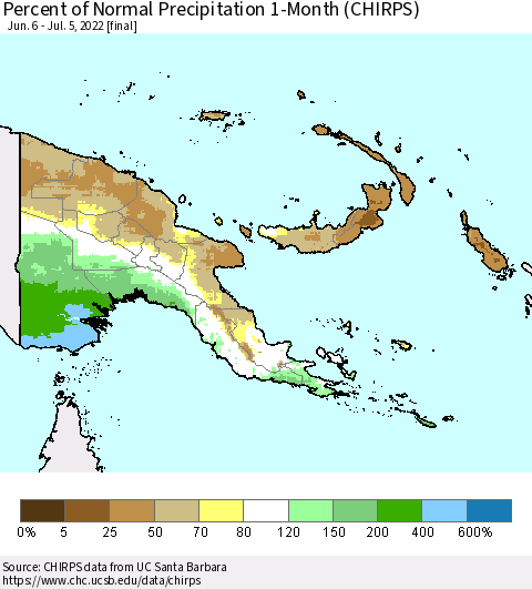 Papua New Guinea Percent of Normal Precipitation 1-Month (CHIRPS) Thematic Map For 6/6/2022 - 7/5/2022