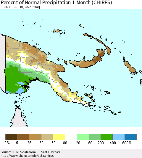 Papua New Guinea Percent of Normal Precipitation 1-Month (CHIRPS) Thematic Map For 6/11/2022 - 7/10/2022