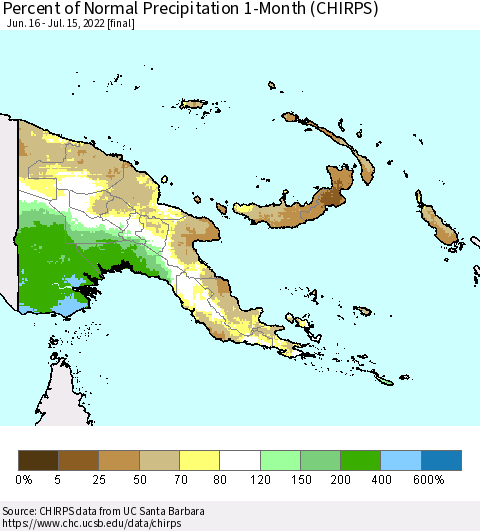 Papua New Guinea Percent of Normal Precipitation 1-Month (CHIRPS) Thematic Map For 6/16/2022 - 7/15/2022