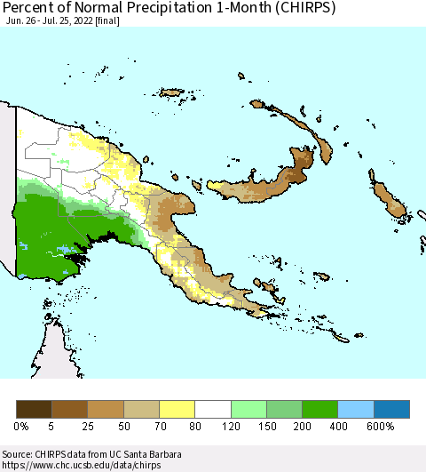 Papua New Guinea Percent of Normal Precipitation 1-Month (CHIRPS) Thematic Map For 6/26/2022 - 7/25/2022