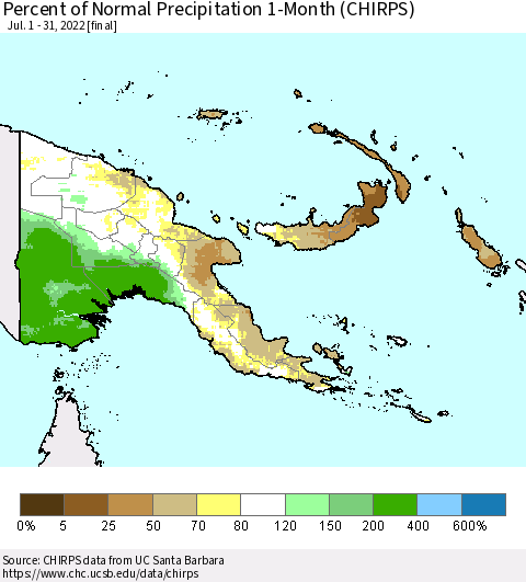 Papua New Guinea Percent of Normal Precipitation 1-Month (CHIRPS) Thematic Map For 7/1/2022 - 7/31/2022