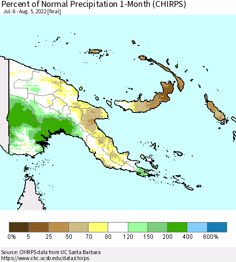 Papua New Guinea Percent of Normal Precipitation 1-Month (CHIRPS) Thematic Map For 7/6/2022 - 8/5/2022