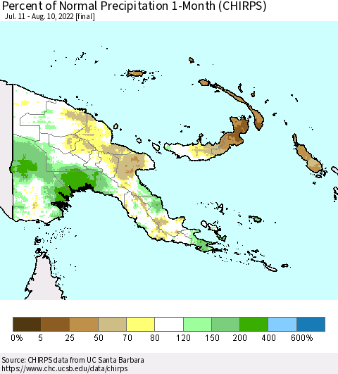 Papua New Guinea Percent of Normal Precipitation 1-Month (CHIRPS) Thematic Map For 7/11/2022 - 8/10/2022