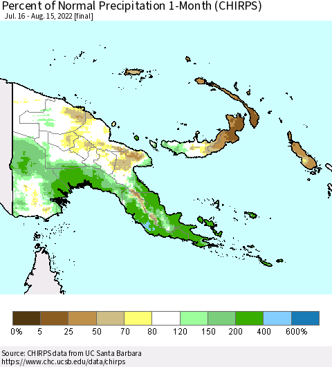 Papua New Guinea Percent of Normal Precipitation 1-Month (CHIRPS) Thematic Map For 7/16/2022 - 8/15/2022