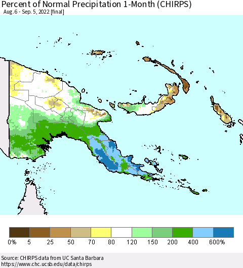 Papua New Guinea Percent of Normal Precipitation 1-Month (CHIRPS) Thematic Map For 8/6/2022 - 9/5/2022