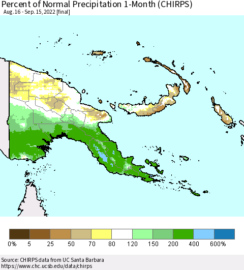 Papua New Guinea Percent of Normal Precipitation 1-Month (CHIRPS) Thematic Map For 8/16/2022 - 9/15/2022