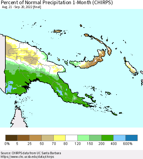 Papua New Guinea Percent of Normal Precipitation 1-Month (CHIRPS) Thematic Map For 8/21/2022 - 9/20/2022