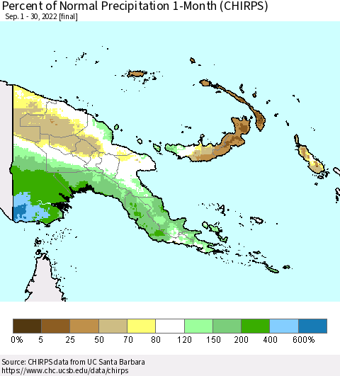 Papua New Guinea Percent of Normal Precipitation 1-Month (CHIRPS) Thematic Map For 9/1/2022 - 9/30/2022
