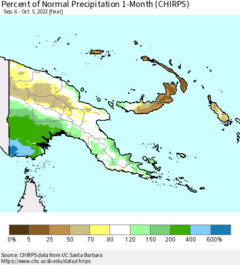 Papua New Guinea Percent of Normal Precipitation 1-Month (CHIRPS) Thematic Map For 9/6/2022 - 10/5/2022