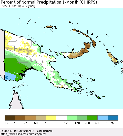 Papua New Guinea Percent of Normal Precipitation 1-Month (CHIRPS) Thematic Map For 9/11/2022 - 10/10/2022