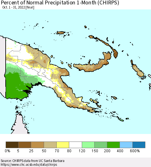 Papua New Guinea Percent of Normal Precipitation 1-Month (CHIRPS) Thematic Map For 10/1/2022 - 10/31/2022
