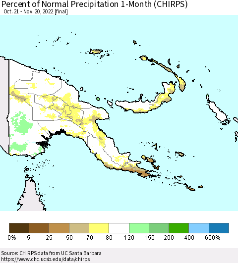 Papua New Guinea Percent of Normal Precipitation 1-Month (CHIRPS) Thematic Map For 10/21/2022 - 11/20/2022