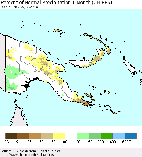 Papua New Guinea Percent of Normal Precipitation 1-Month (CHIRPS) Thematic Map For 10/26/2022 - 11/25/2022