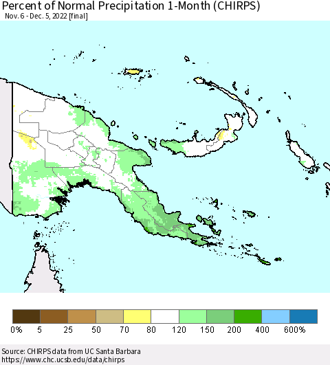 Papua New Guinea Percent of Normal Precipitation 1-Month (CHIRPS) Thematic Map For 11/6/2022 - 12/5/2022